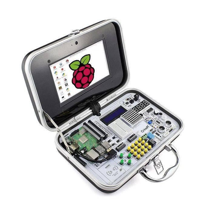 Crowpi Compact Raspberry Pi 4 4GB Educational Kit - in a silver-trimmed black briefcase, showing an open screen with a Raspberry Pi logo and breadboard.