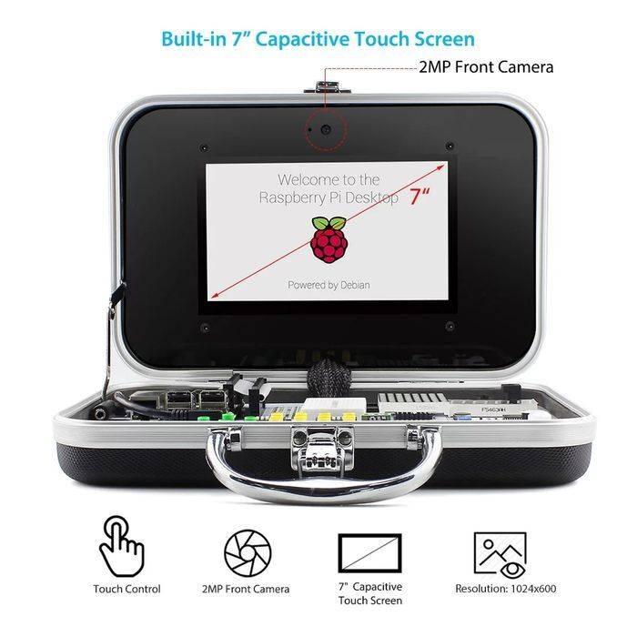 Crowpi Compact Raspberry Pi 4 4GB Educational Kit - with a 7-inch touchscreen displaying Raspberry Pi desktop and a 2MP front camera.