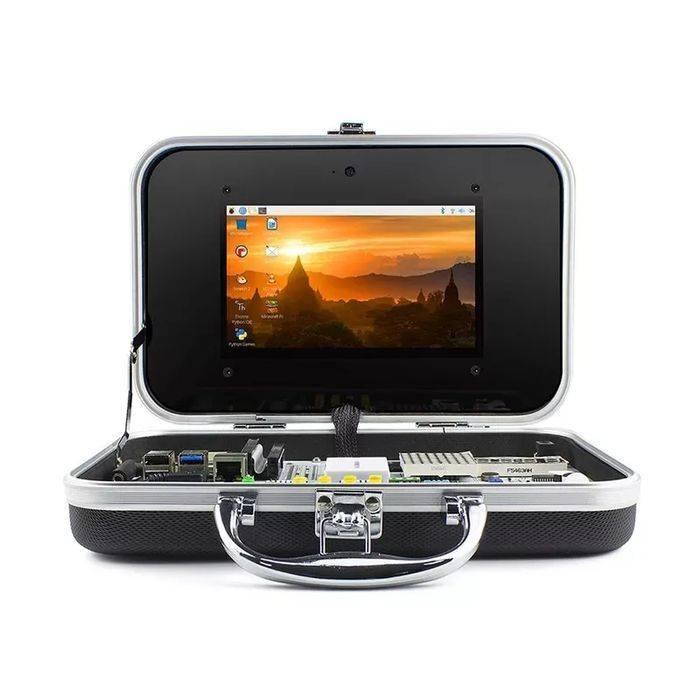 Crowpi Compact Raspberry Pi 4 4GB Educational Kit - with an open lid displaying a screen showing a desktop interface and internal ports.