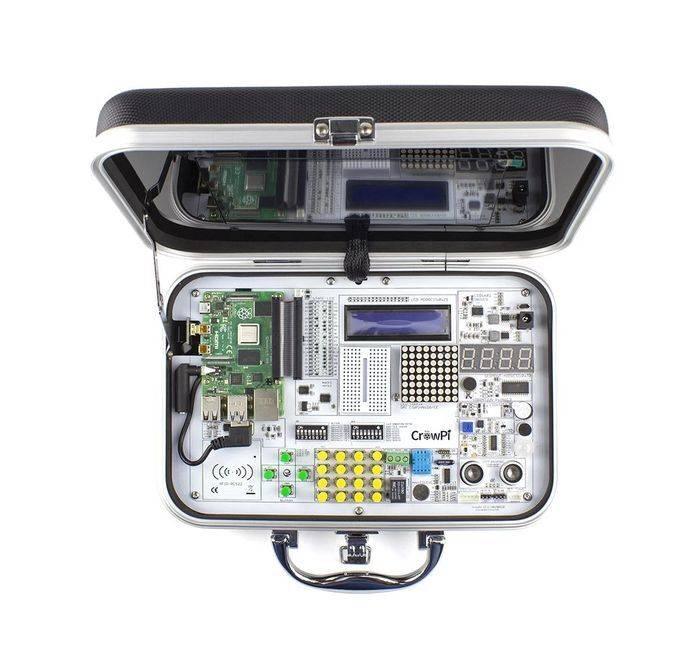 Crowpi Compact Raspberry Pi 4 4GB Educational Kit - a circuit board with buttons, LEDs, a display, and ports.