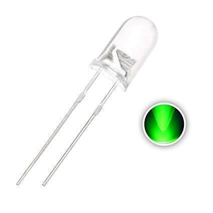 Crystal 5mm Green LED Light Emitting Diode - shown as a clear, round-top component with two metal leads and an inset circular glow of green light.