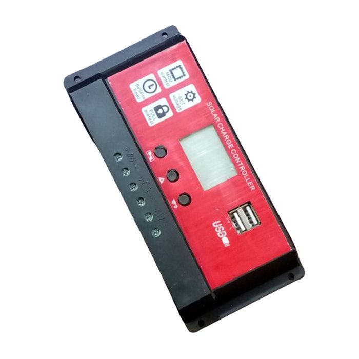 CS2024Z Solar Charge Controller - a rectangular device with a red faceplate, an LCD screen, three buttons, dual USB ports, and six screw-terminal inputs.