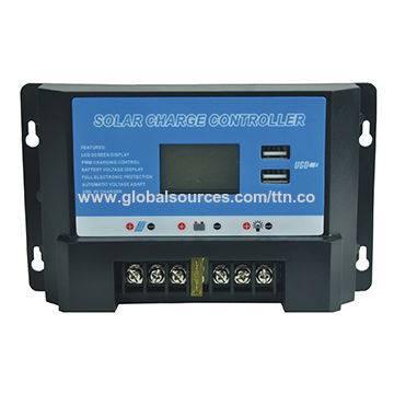 CS2024Z Solar Charge Controller - a black rectangular device with a blue front panel featuring an LCD screen, two USB ports, and screw terminal connectors.