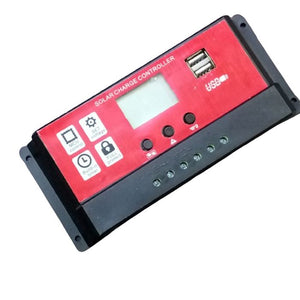CS2024Z Solar Charge Controller - a rectangular black and red device featuring a central LCD screen, three buttons, dual USB ports, and six screw terminals.