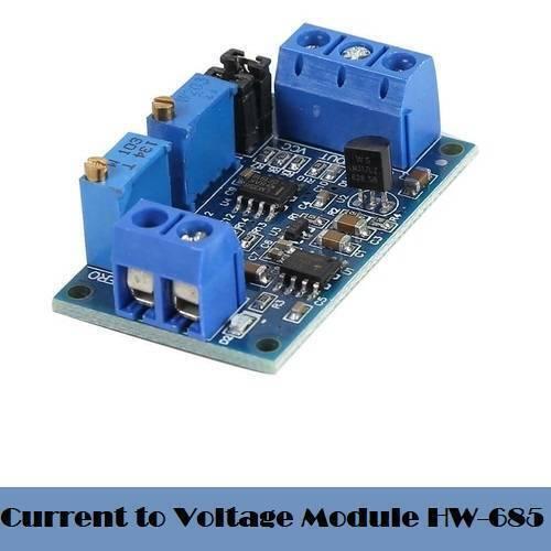 Current To Voltage Module Hw-685 - shown as a blue circuit board with two blue screw terminals, two adjustable potentiometers, and several integrated circuits.