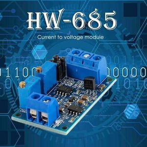 Current To Voltage Module Hw-685 - a blue circuit board with two blue terminal blocks, two blue potentiometers, and a black transistor.