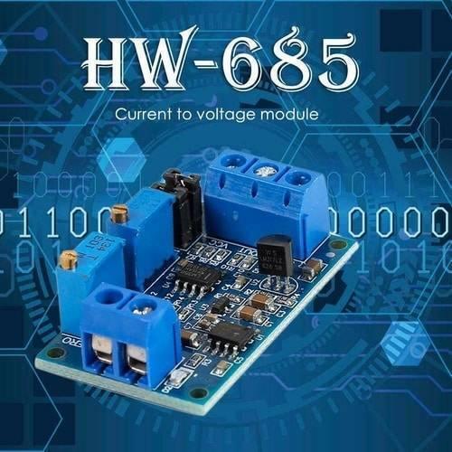 Current To Voltage Module Hw-685 - a blue circuit board with two blue terminal blocks, two blue potentiometers, and a black transistor.
