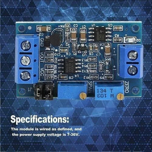 Current To Voltage Module Hw-685 - a blue circuit board featuring screw terminals, two adjustable potentiometers labeled SPAN and ZERO, and an IC chip.