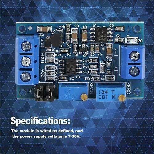 Current To Voltage Module Hw-685 - a blue circuit board featuring screw terminals, two adjustable potentiometers labeled SPAN and ZERO, and an IC chip.