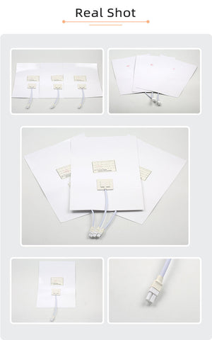 Customizable 300*400mm Bathroom Mirror Heating Pad Pet Electronic Defogger Film For Smart Mirror 220V Factory Direct - multiple white rectangular defogger films with attached power cables and white connectors.