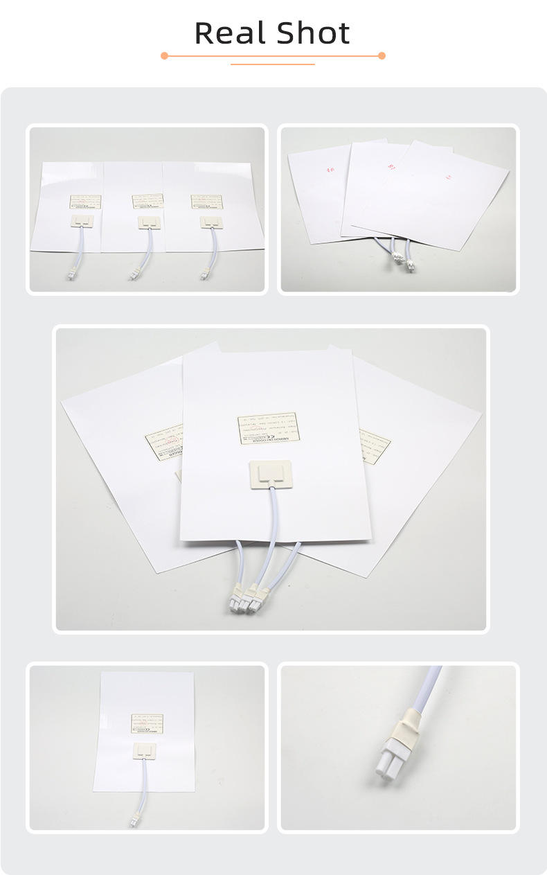 Customizable 300*400mm Bathroom Mirror Heating Pad Pet Electronic Defogger Film For Smart Mirror 220V Factory Direct - multiple white rectangular defogger films with attached power cables and white connectors.