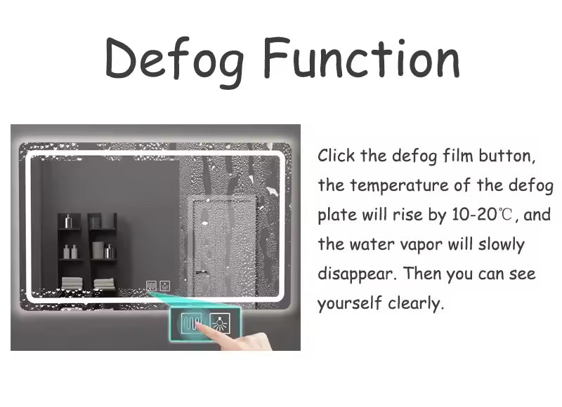Customizable 300*400mm Bathroom Mirror Heating Pad Pet Electronic Defogger Film For Smart Mirror 220V Factory Direct - a rectangular mirror with a touch-sensitive defogging button and light icon being pressed.
