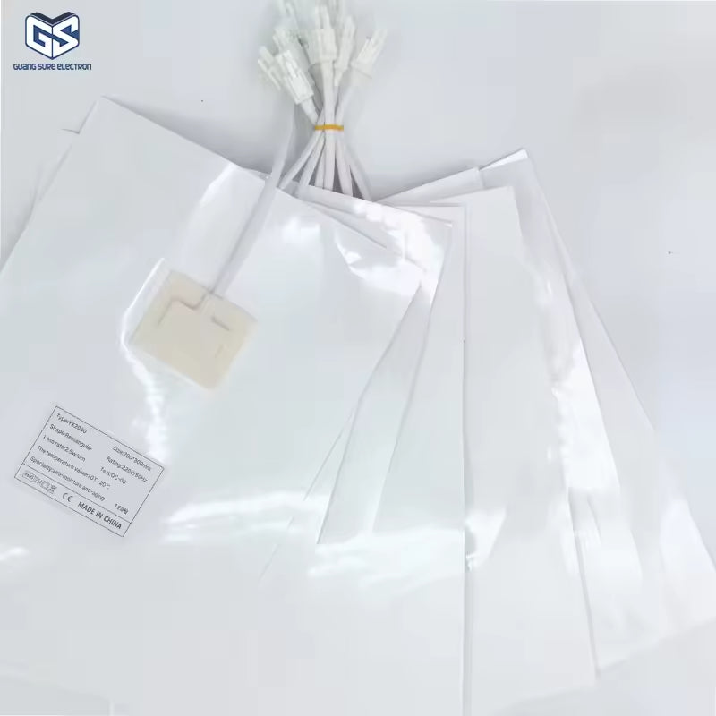Customizable 300*400mm Bathroom Mirror Heating Pad Pet Electronic Defogger Film For Smart Mirror 220V Factory Direct - a stack of white rectangular defogger films with attached power cables and white connectors.