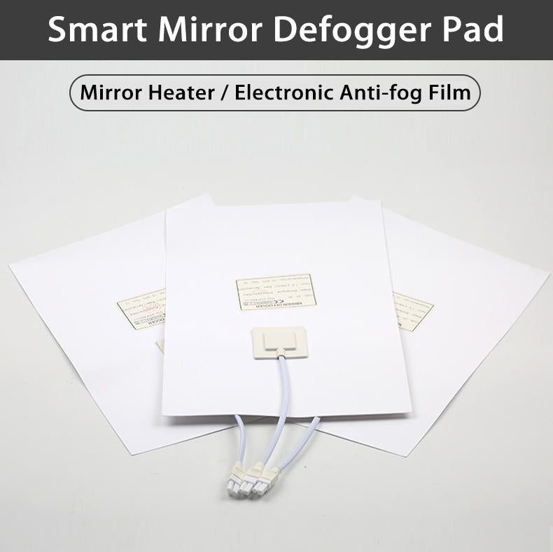 Customizable 300*400mm Bathroom Mirror Heating Pad Pet Electronic Defogger Film For Smart Mirror 220V Factory Direct - three thin white rectangular heating films with electrical power cables and connectors attached to the center unit.