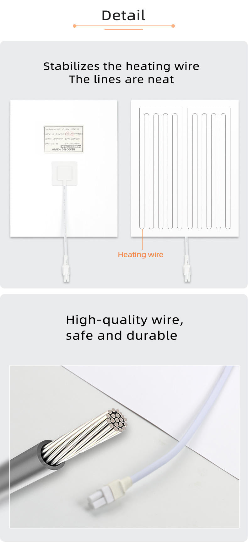 Customizable 300*400mm Bathroom Mirror Heating Pad Pet Electronic Defogger Film For Smart Mirror 220V Factory Direct - the white heating film with an internal wire grid, a connection port, and a close-up of the wire.
