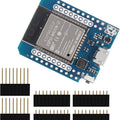 D1 Mini Nodemcu ESP32 ESP-wroom-32 Wlan WiFi Bluetooth IOT Development Board 9102x ) - blue, with a micro-USB port, reset button, and four black pin header strips included as accessories.