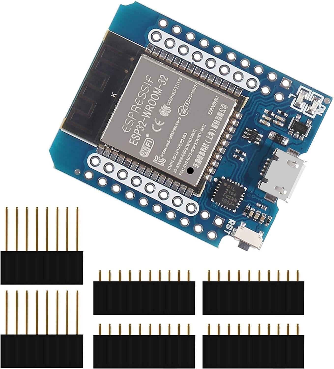 D1 Mini Nodemcu ESP32 ESP-wroom-32 Wlan WiFi Bluetooth IOT Development Board 9102x ) - blue, with a micro-USB port, reset button, and four black pin header strips included as accessories.