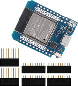D1 Mini Nodemcu ESP32 ESP-wroom-32 Wlan WiFi Bluetooth IOT Development Board 9102x ) - blue, with a micro-USB port, reset button, and four black pin header strips included as accessories.