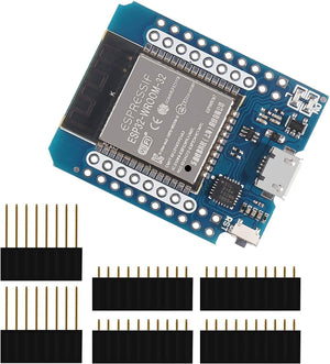 D1 Mini Nodemcu ESP32 ESP-wroom-32 Wlan WiFi Bluetooth IOT Development Board 9102x ) - blue, with a micro-USB port, reset button, and four black pin header strips included as accessories.