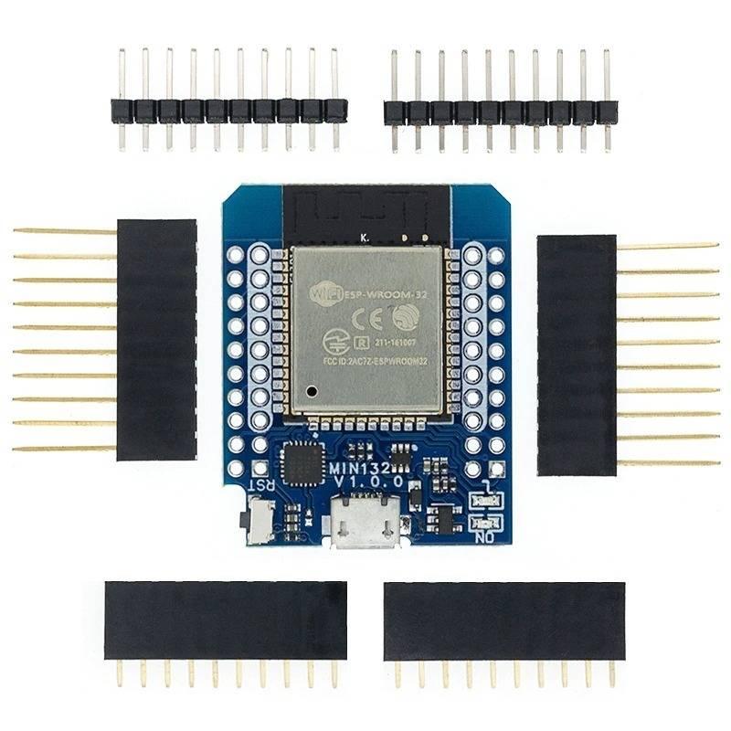 D1 Mini Nodemcu ESP32 ESP-wroom-32 Wlan WiFi Bluetooth IOT Development Board 9102x ) - rectangular circuit board with a micro-USB port and four sets of loose header pins arranged around it.