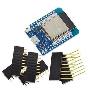 D1 Mini Nodemcu ESP32 ESP-wroom-32 Wlan WiFi Bluetooth IOT Development Board 9102x ) - with a blue circuit board, a micro-USB port, a reset button, and several included black pin header strips.
