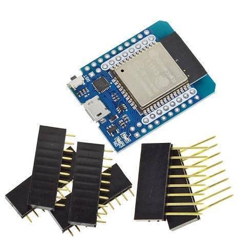 D1 Mini Nodemcu ESP32 ESP-wroom-32 Wlan WiFi Bluetooth IOT Development Board 9102x ) - with a blue circuit board, a micro-USB port, a reset button, and several included black pin header strips.