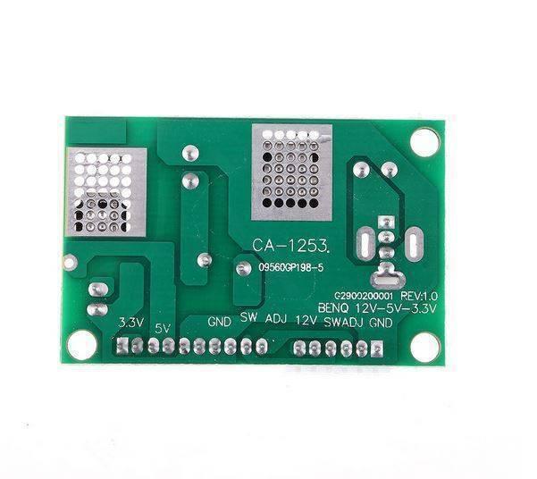 D120533V 12V DC Step Down Convertor Module CA1253 DC To DC Buck Converter - the green bottom side of the circuit board with labeled pins for 3.3V, 5V, GND, SW, ADJ, and 12V.