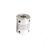 D19-25-6.35-6.35 Stepper Motors & Parts Fixed Coupling Series - a cylindrical silver metal shaft coupler with a central bore and four side set-screw holes.