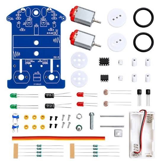 D2-5 DIY Kit Intelligent Tracking Line Smart Car Kit - a flat-lay of all electronic components, circuit board, motors, wheels, and battery holder.