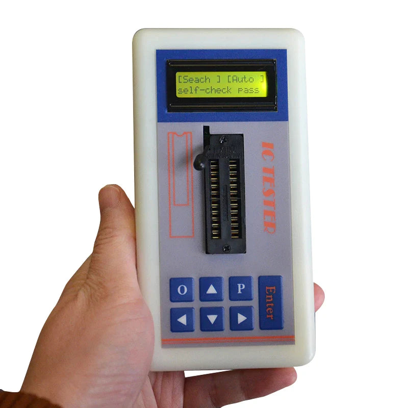 D2260 Professional Integrated Circuit IC Tester Transistor Tester Online Maintenance Digital LED Transistor IC Tester - held in a hand, featuring a white rectangular body, a ZIF socket, a keypad, and a screen displaying "Seach ] [Auto ] self-check pass".