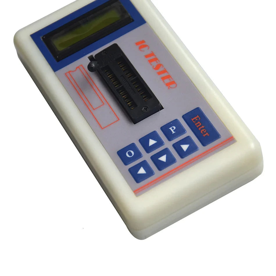 D2260 Professional Integrated Circuit IC Tester Transistor Tester Online Maintenance Digital LED Transistor IC Tester - a white rectangular handheld device with a black ZIF socket, an LCD screen, and a keypad with Enter.