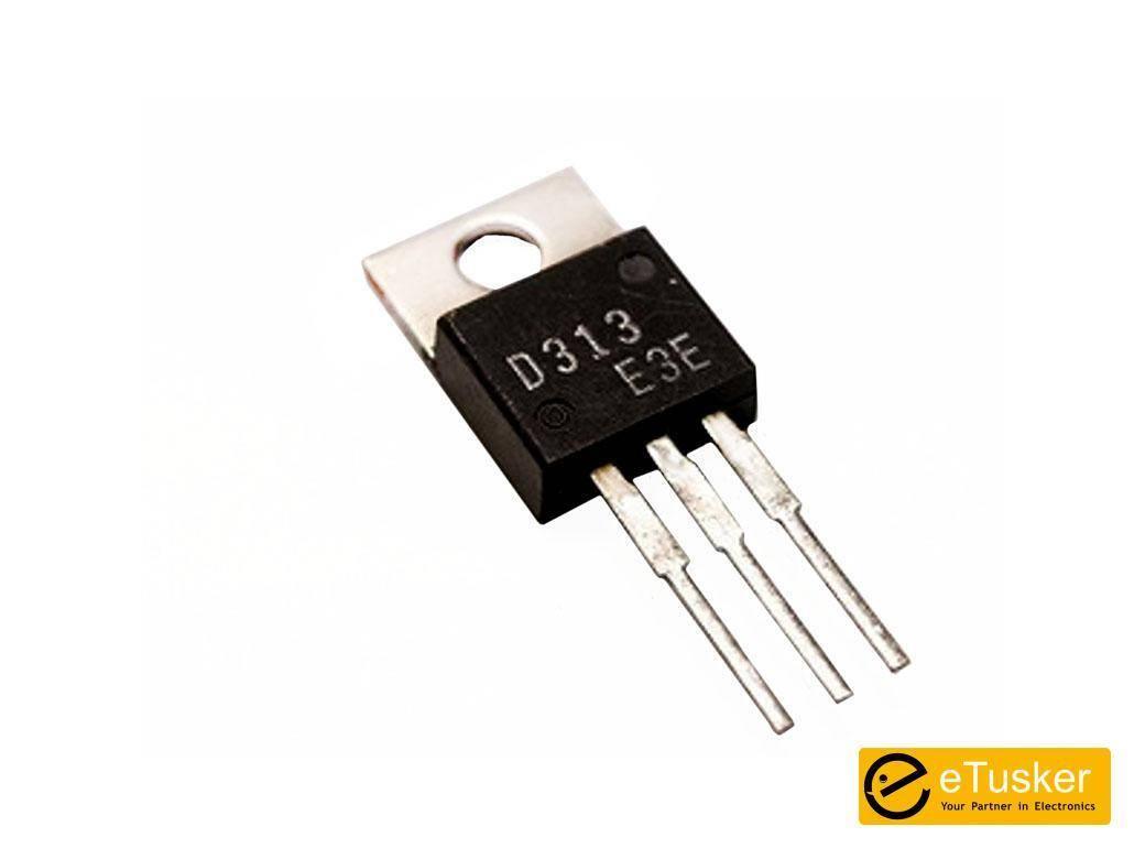 D313 Transistor - a black three-pin electronic component in a TO-220 package with a metal mounting tab, viewed from an angle against a white background.