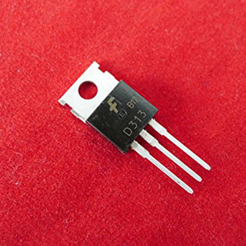 D313 Transistor - shown as a close-up of a black, three-pin electronic component with a metal mounting tab, positioned against a red background.