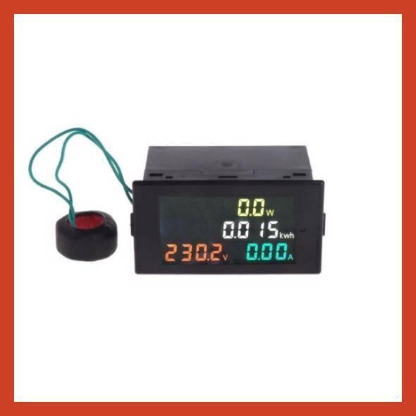 D69-2049 Power Energy Meter Voltmeter Ammeter - a black rectangular digital display unit with a connected current transformer, showing 0.0W, 0.015kWh, 230.2V, and 0.00A.