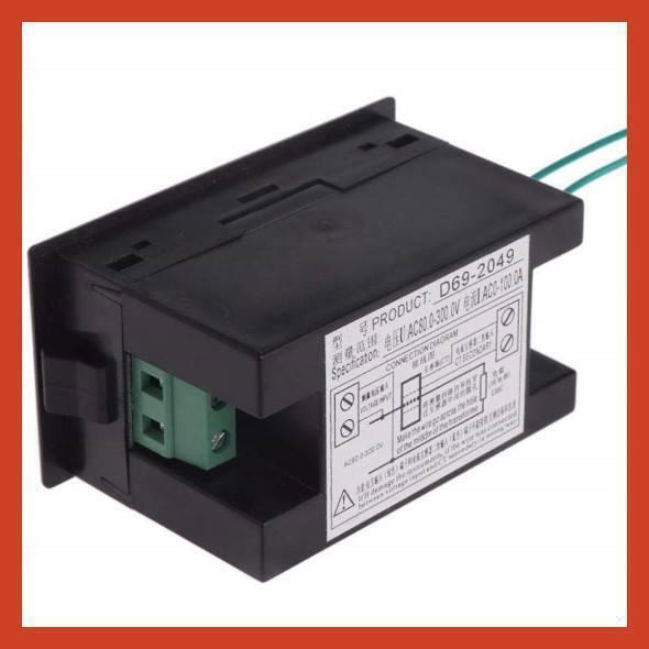 D69-2049 Power Energy Meter Voltmeter Ammeter - a black rectangular digital meter with a green terminal block and a wiring diagram sticker on the side.