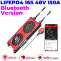 Daly 16S 48V 150A BMS With Bluetooth & NTC Sensor For LiFePO4 Solar Inverter UPS Battery Pack - a red rectangular unit with two cables, a Bluetooth module, and a smartphone screen displaying battery status and system data.