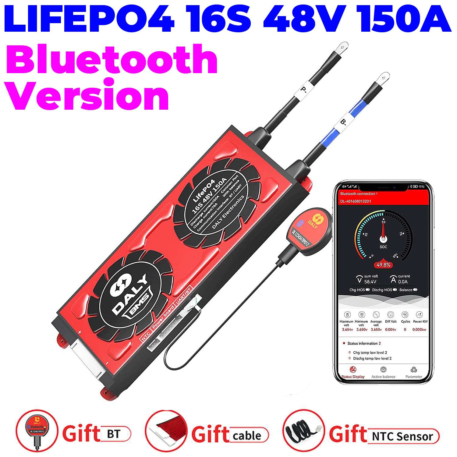 Daly 16S 48V 150A BMS With Bluetooth & NTC Sensor For LiFePO4 Solar Inverter UPS Battery Pack - a red rectangular unit with two cables, a Bluetooth module, and a smartphone screen displaying battery status and system data.