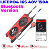 Daly 16S 48V 150A BMS With Bluetooth & NTC Sensor For LiFePO4 Solar Inverter UPS Battery Pack - a red rectangular unit with two cables, a Bluetooth module, and a smartphone screen displaying battery status and system data.