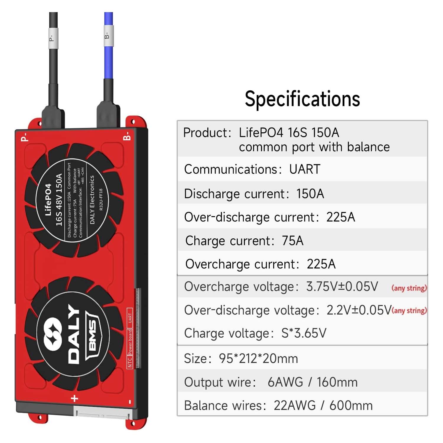 Daly 16S 48V 150A BMS With Bluetooth & NTC Sensor For LiFePO4 Solar Inverter UPS Battery Pack - a red rectangular unit with two black cooling fans and a table of technical specifications on the right.