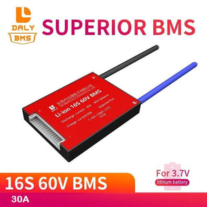Daly 16S 60V 30A BMS For Li-ion With Balance Function For Lithium Battery Pack E-bike Scooter Rickshaw Battery Pack - a rectangular red and black battery management system module with two output wires and a multi-pin connector port on the side.