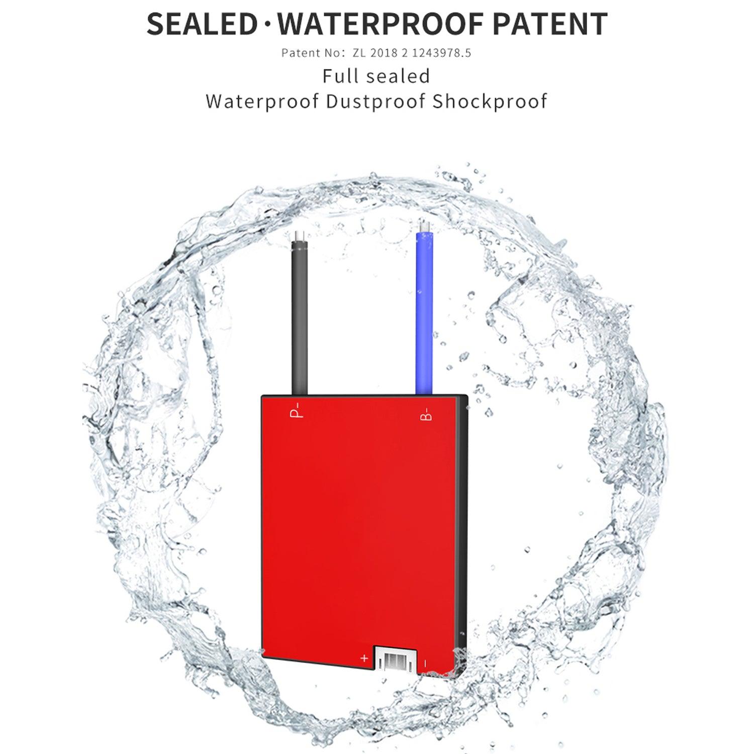 Daly 16S 60V 30A BMS For Li-ion With Balance Function For Lithium Battery Pack E-bike Scooter Rickshaw Battery Pack - a rectangular red battery management system module with two wires, a port, and labels P-, B-, and + surrounded by water graphics.