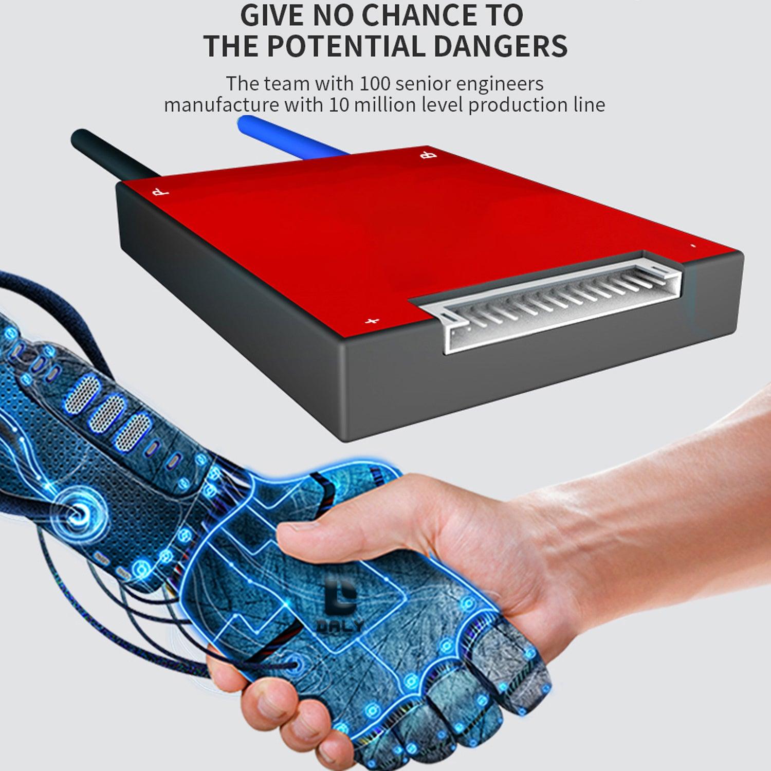 Daly 16S 60V 30A BMS For Li-ion With Balance Function For Lithium Battery Pack E-bike Scooter Rickshaw Battery Pack - a rectangular black device with a red top surface, a white multi-pin connector port, and a digital graphic of a robotic hand.