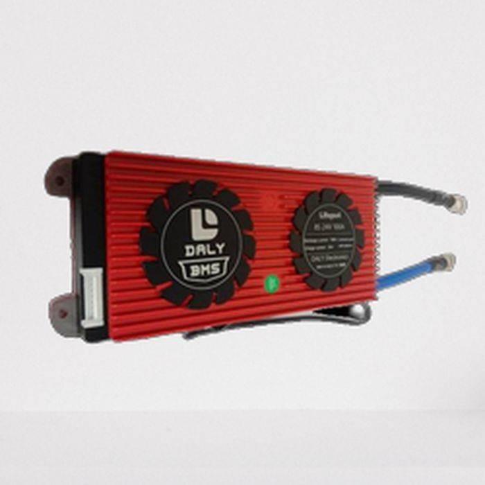 Daly BMS 8s 24V 100A LiFePO4 Battery Protection Module PCB Protection Board With Balance - a red, rectangular electronic board with two circular fans, a white port, and two thick cables.