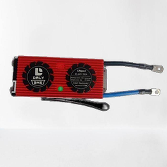 Daly BMS 8s 24V 100A LiFePO4 Battery Protection Module PCB Protection Board With Balance - a red, rectangular metal unit with two circular fan grilles, a green LED, and two output wires.
