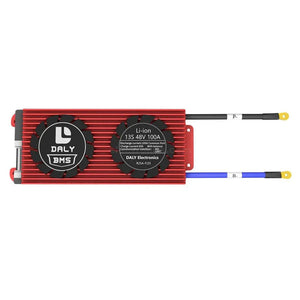 Daly BMS Li-ion 13S 48V 100A BMS Battery Management System For 18650 Battery Pack Balanced Charging Board - a red rectangular battery management system with two circular fans and two output wires labeled P- and B-.