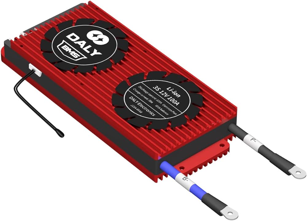 Daly BMS Li-ion 3s 12V 100A BMS Battery Management System For 18650 Battery Pack Balanced Charging Board - a red, rectangular battery management system with two circular fan-shaped labels, a temperature sensor, and two output wires.