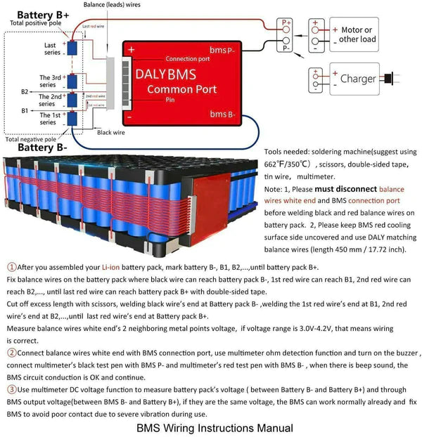Daly BMS Li-ion 3s 12V 100A BMS Battery Management System For 18650 Battery Pack Balanced Charging Board - a red BMS module, a blue battery pack, connection ports, balance wires, and step-by-step instructions.
