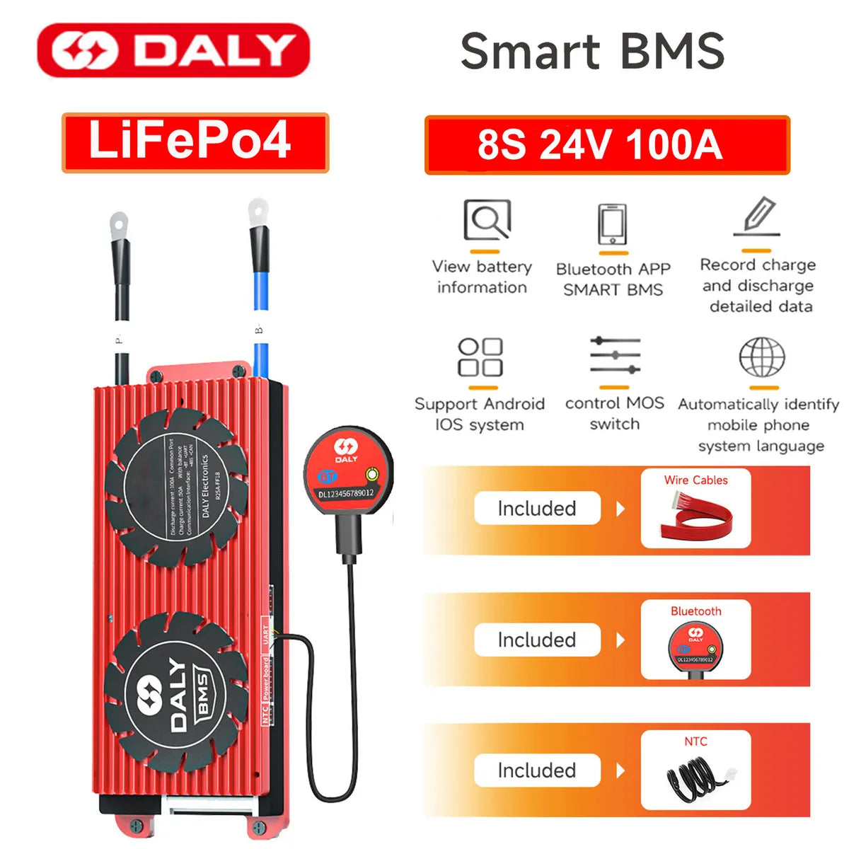 Daly Smart BMS 8s 24V 100A Wtih Balance For Lithium Iron Phosphate LiFePO4 Battery + Bluetooth - a red heat-sink unit with two fans, a Bluetooth module, wire cables, and an NTC temperature sensor.