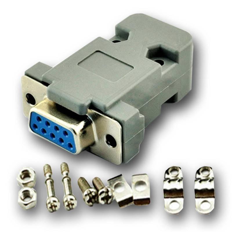 dB-9 DB9 RS232 Female Connector - shown with a grey plastic housing, a blue nine-pin female port, and included metal screws, nuts, and cable clamps.