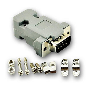 dB-9 DB9 RS232 Male Connector - with a grey plastic housing, shown with included mounting screws, nuts, and cable strain relief clamps.